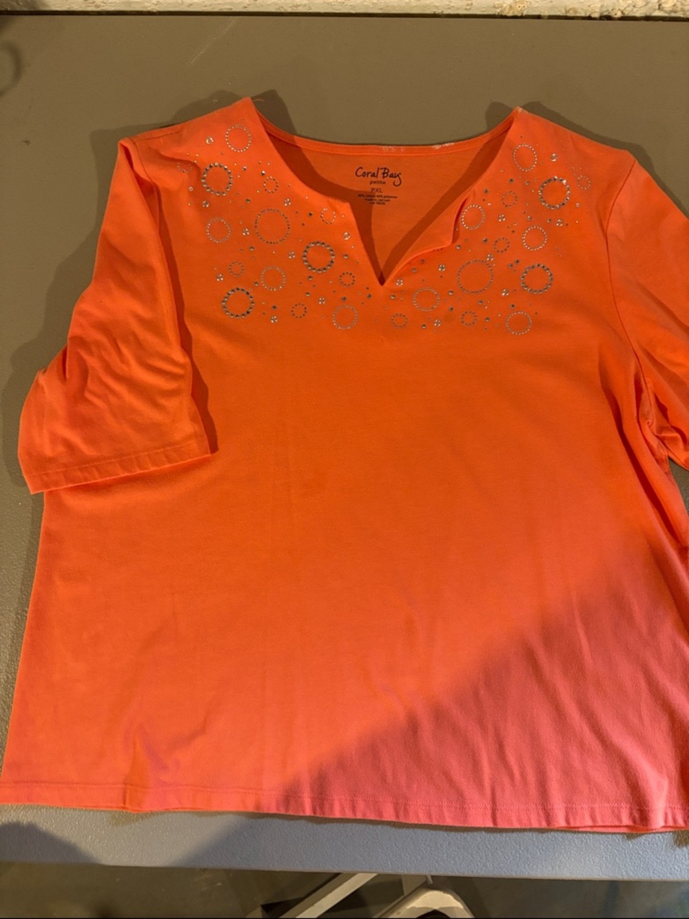 Coral Bay Women's Coral Short Sleeve V-Notch Tee with Rhinestone Circles